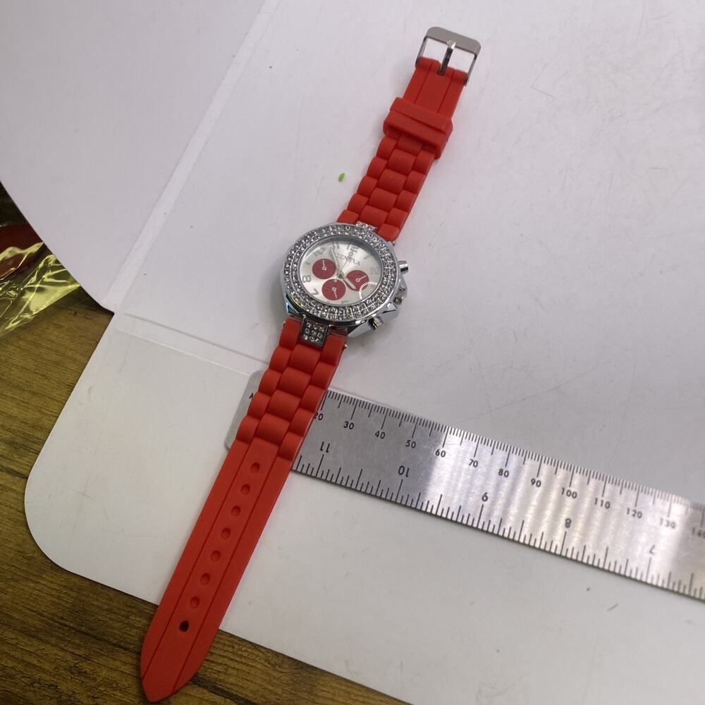 Geneva Womens Red Rubber Wrist Wrap Watch Quartz New Battery - Picture 5 of 6
